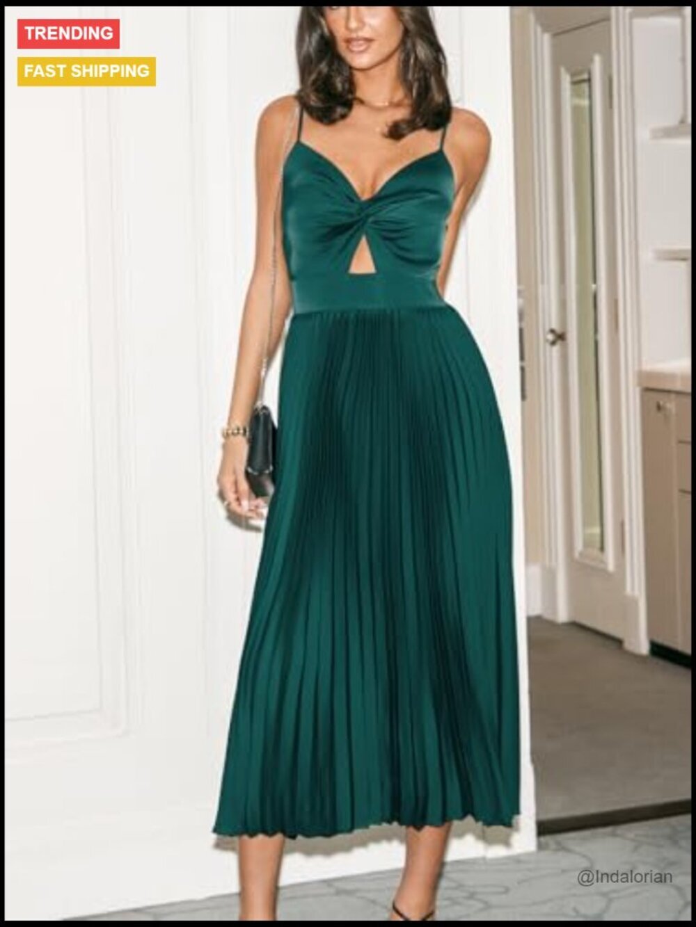 Midi Dress Spaghetti Straps Sleeveless Pleated Cutout Formal - Picture 4 of 5